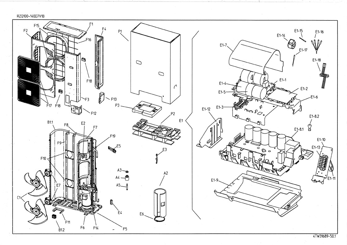RZQ125D7V1B Elec Carcasse Pièces détachées DAIKIN pour RZQ125D7V1B Elec Carcasse cartes, compresseur